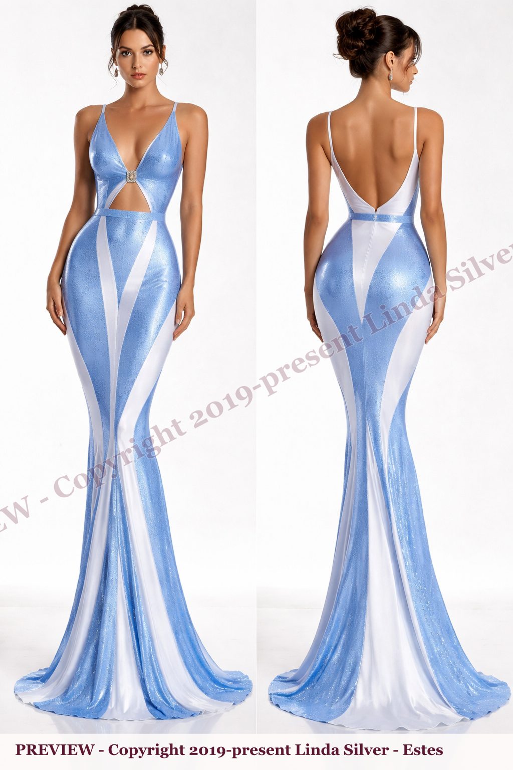 Blue White striped fitted dress with blue center front and back design preview