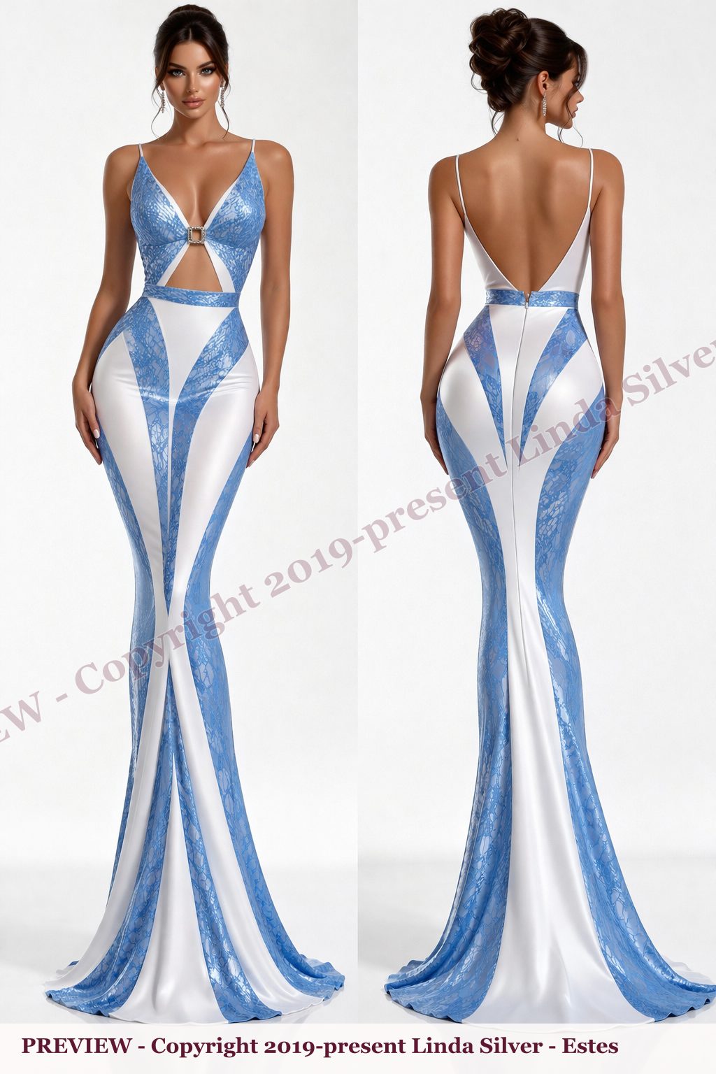 White Blue striped fitted dress with white center front and back design preview