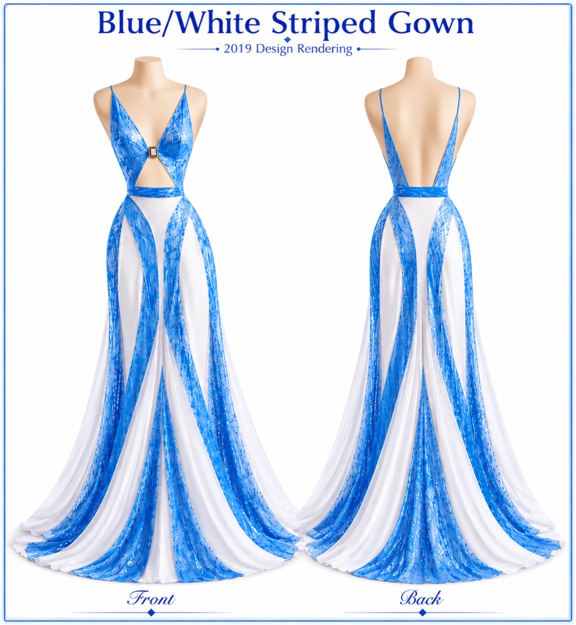 Blue and white striped flowing gown with reversed colors and white center, front and back presentation board