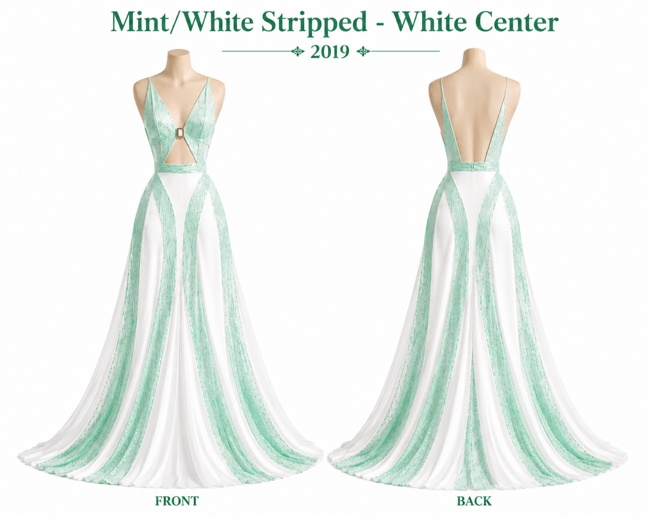 Mint and white striped flowing gown with reversed colors and white center, front and back presentation board