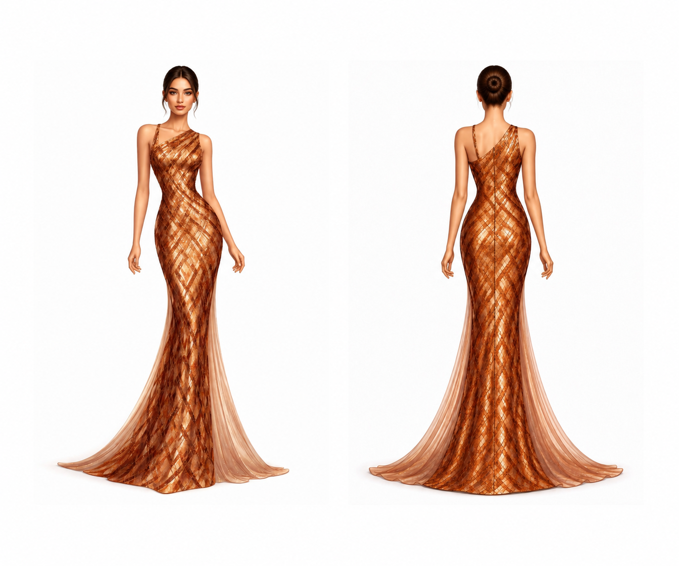 CrissCross Bronze formal dress front and back design preview