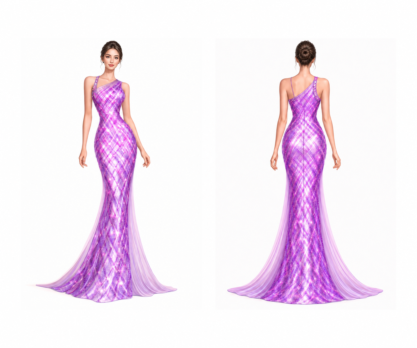 CrissCross Lavender and Fuchsia formal dress front and back design preview