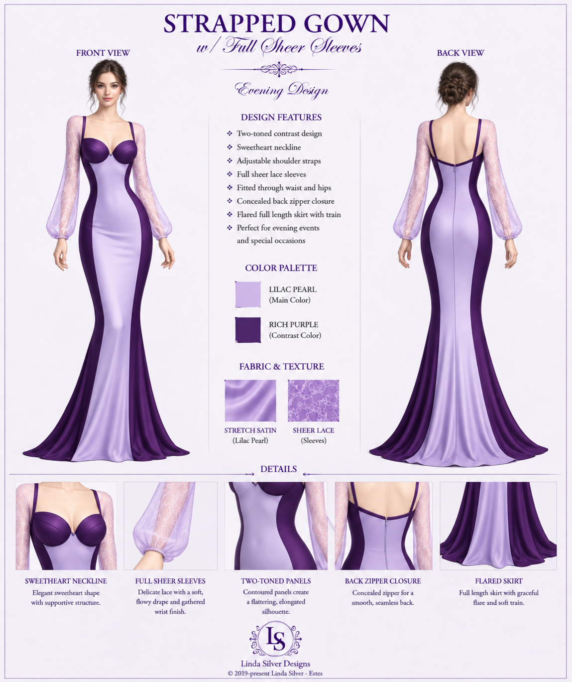 Lavender and purple strapped side-panel gown with full sheer sleeves, front and back presentation board