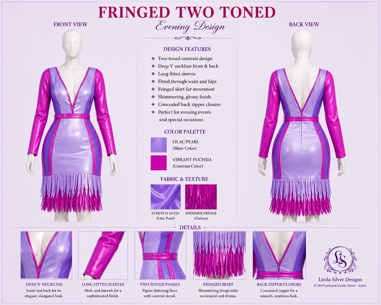 Fringed Two-Toned Dress in lilac fuchsia and layered purple, front and back presentation board