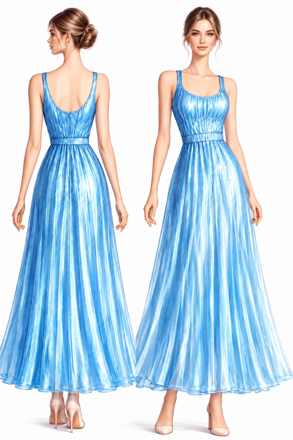 Elastic bodice blue summer dress front and back design preview