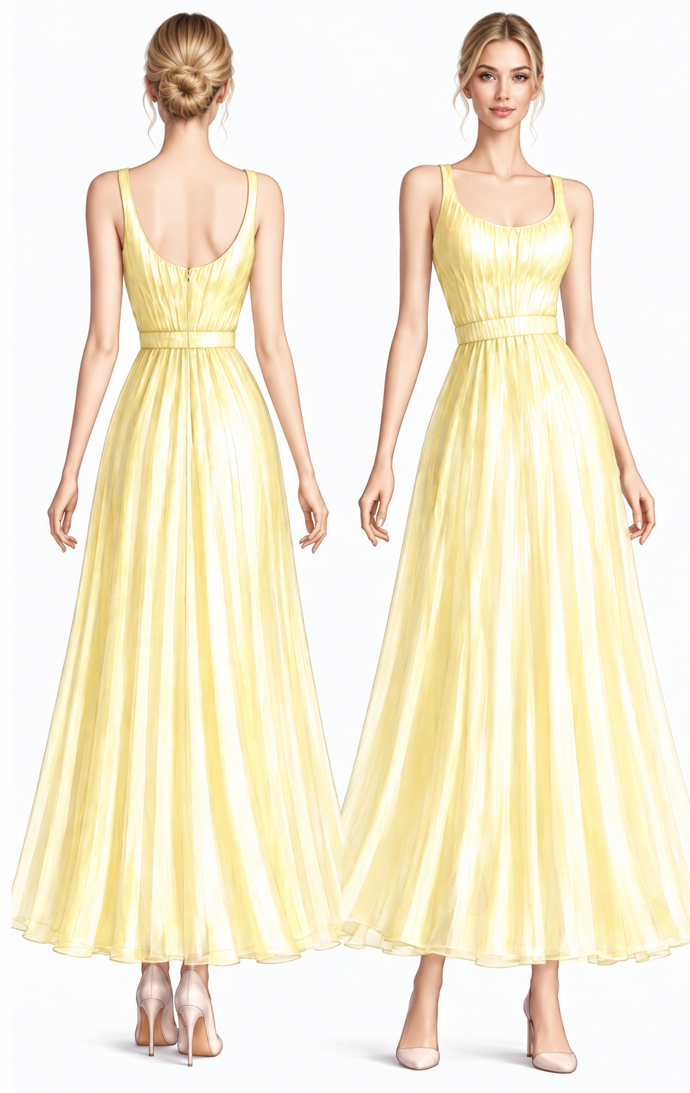 Elastic bodice yellow summer dress front and back design preview