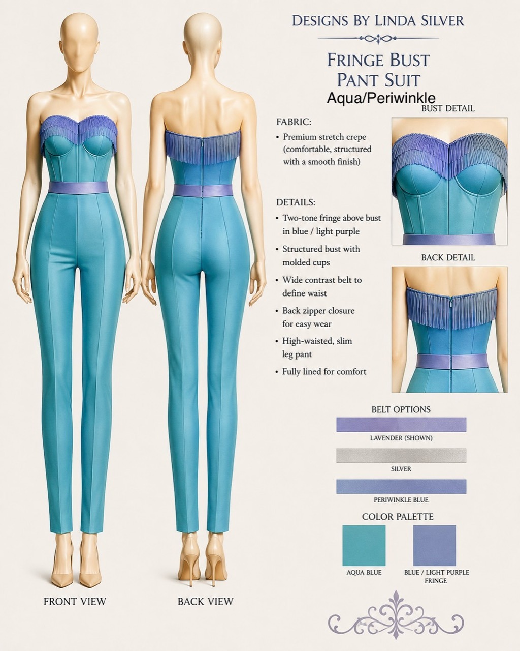 Fringe Bust Pant Suit in Aqua and Periwinkle front back and detail design board preview