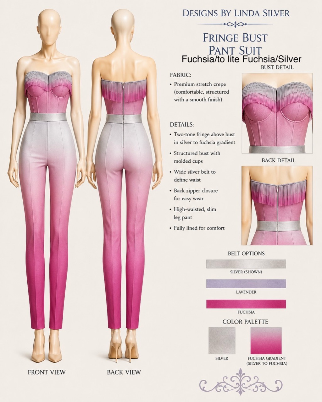 Fringe Bust Pant Suit in Fuchsia Light Fuchsia and Silver front back and detail design board preview