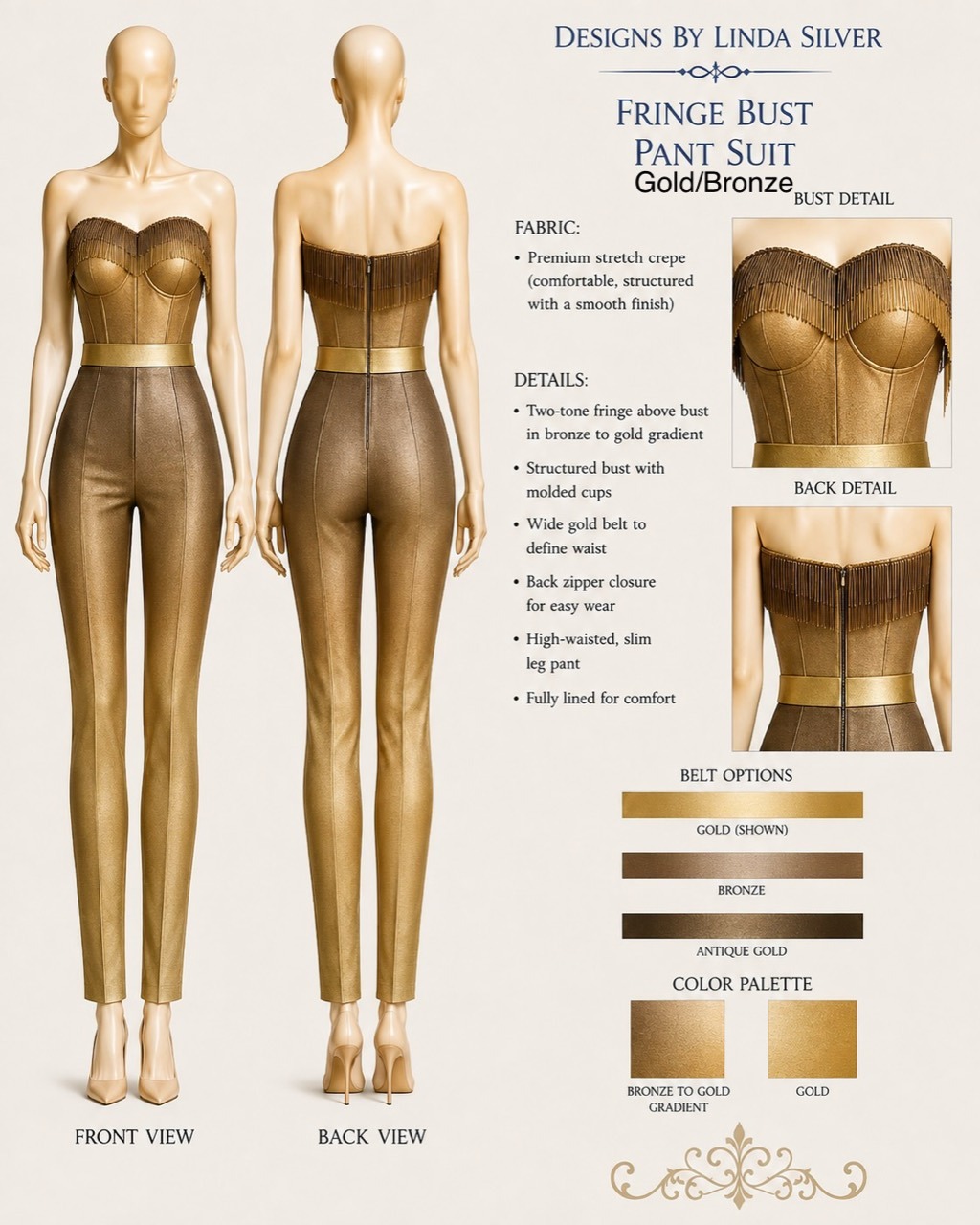 Fringe Bust Pant Suit in Gold and Bronze front back and detail design board preview