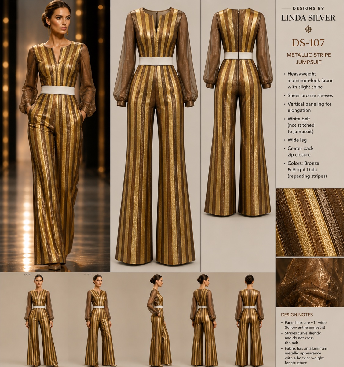 Metallic narrow-stripe jumpsuit in Bronze and Bright Gold, front and back design preview