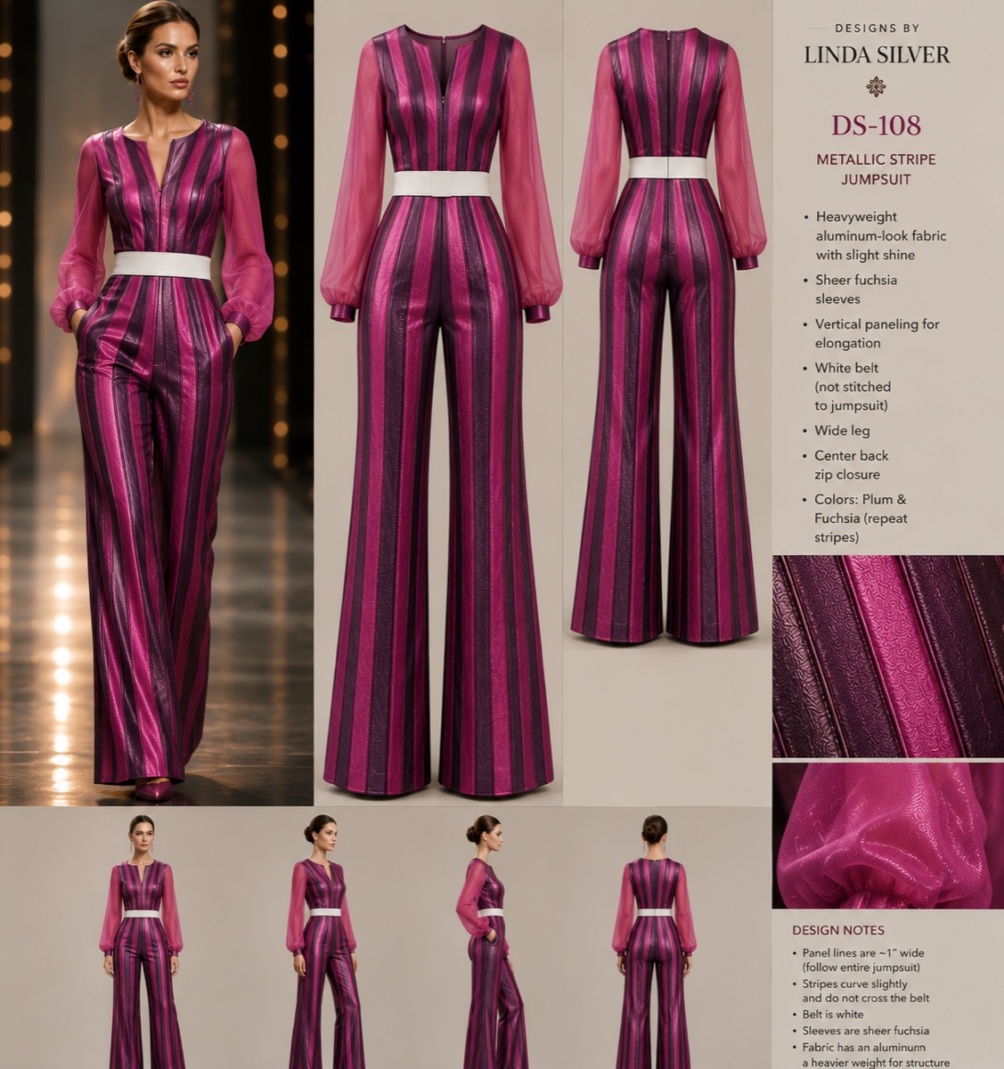 Metallic narrow-stripe jumpsuit in Plum and Fuchsia with white belt, front and back design preview