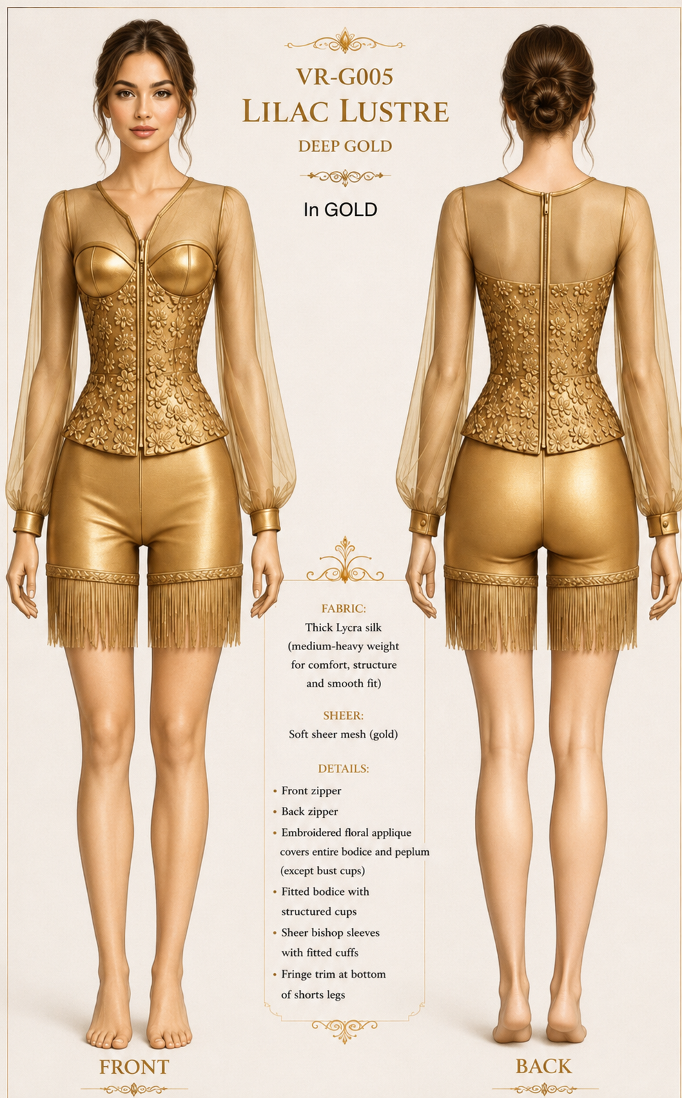 Lustre short fringe jumpsuit in gold front and back design board preview