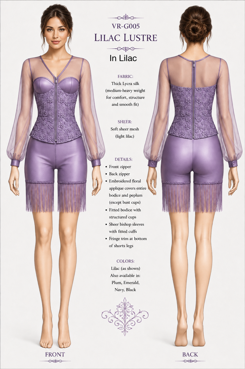 Lustre short fringe jumpsuit in lilac front and back design board preview