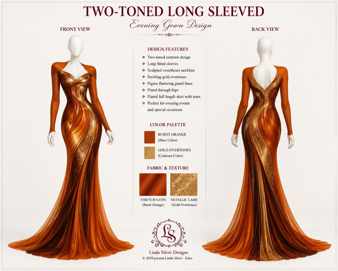 Bronze orange and gold two-toned long-sleeved formal gown front and back presentation board