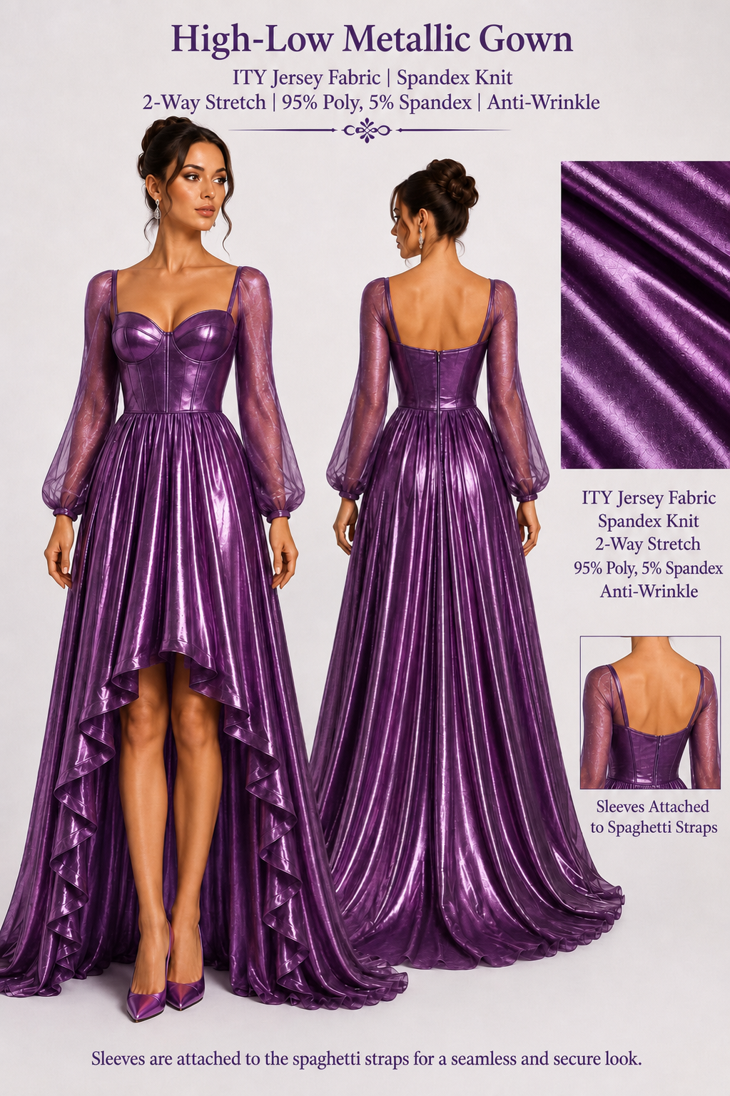 Deep purple ITY Jersey high-low gown with attached sheer sleeves, short front and long back presentation board