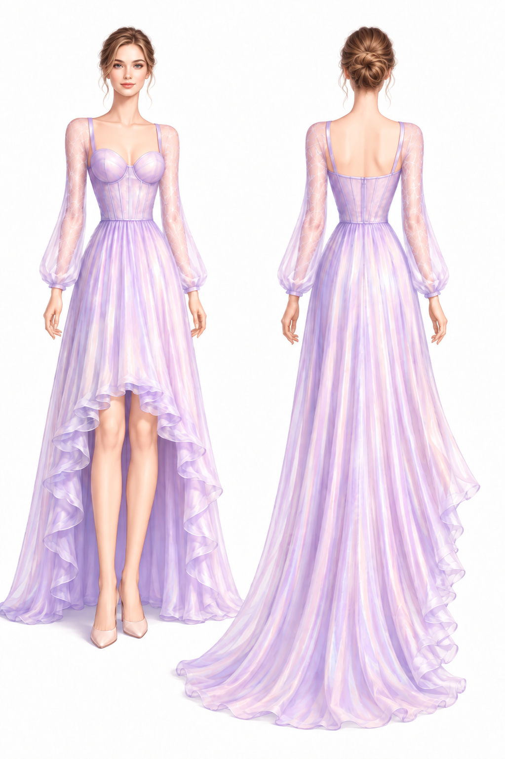 Soft lavender high-low gown with sheer sleeves, short front and long back views