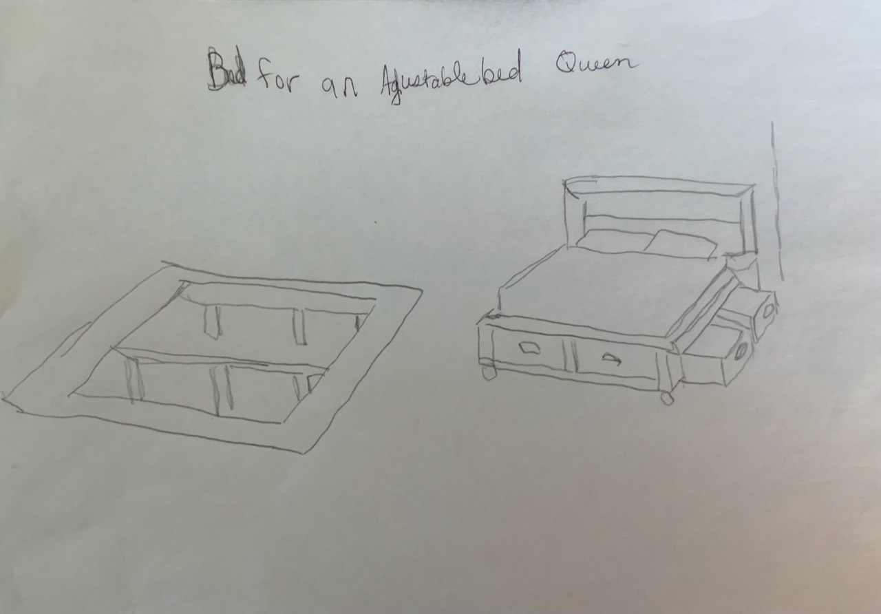 Original concept sketch for the queen bed frame designed around an adjustable bed