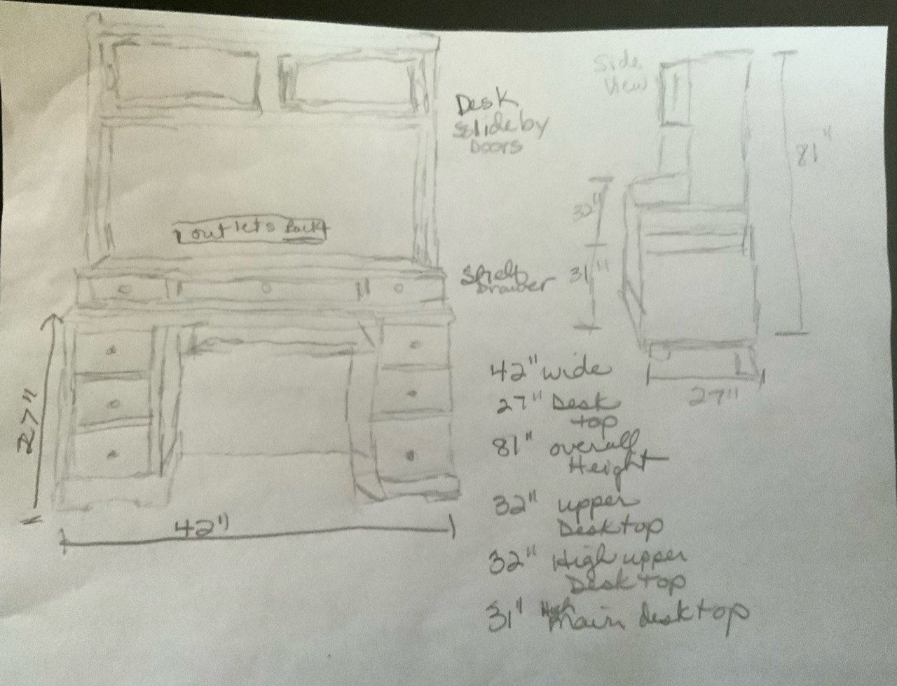 Original concept sketch and working measurements for the exec desk with slide-by upper doors