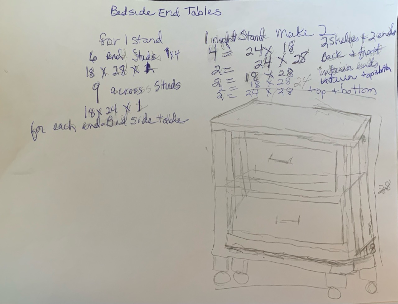 Original concept sketch and working measurements for a matching bedside end table