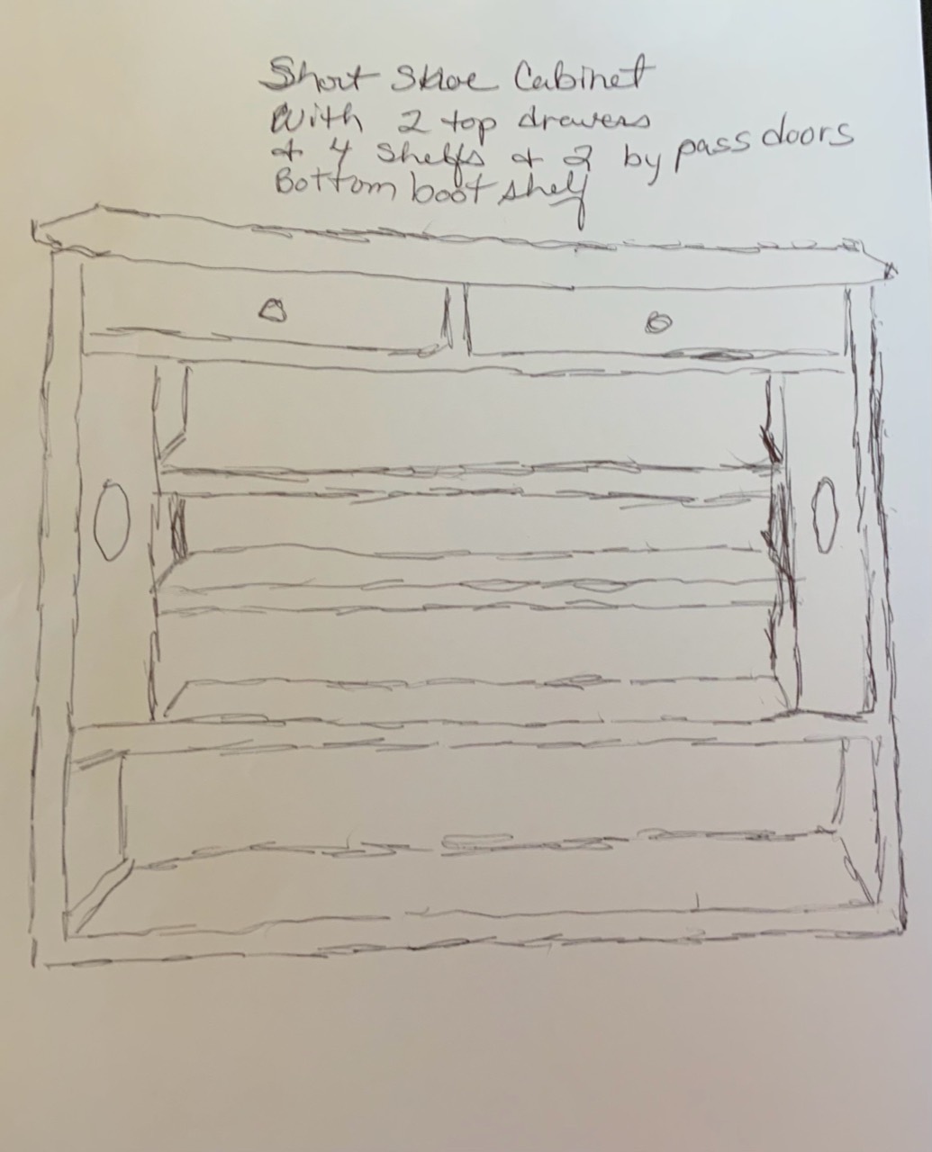 Original concept sketch and working notes for the small shoe cabinet